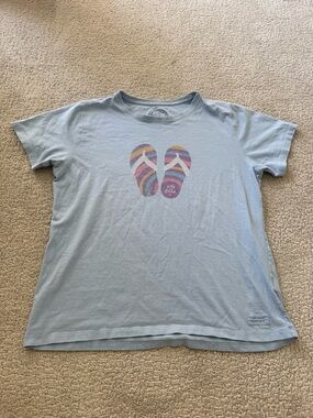 Life is Good Beach Flip Flops Tee Size M Blue Summer Vacation